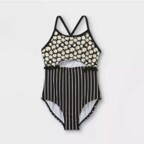 NWT art class Girls' Daisy Print Front-Cut One Piece Swimsuit Monokini - Picture 1 of 4